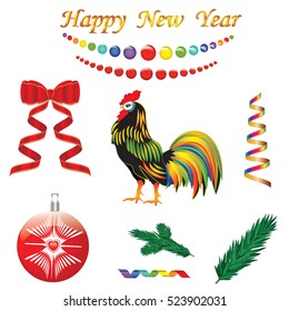 set  colorful decorations festive New Year symbol Rooster Serpentine beads red bow ball spruce branch isolated on white background vector element for design