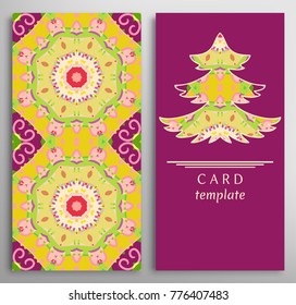 Set of colorful decorative backgrounds with geometric texture. Vertical seamless mandala pattern and invitation card with Christmas tree, winter theme. Happy New year greeting card template
