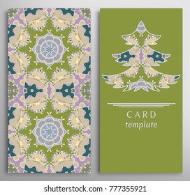 Set of colorful decorative backgrounds with geometric texture. Vertical seamless mandala pattern and invitation card with Christmas tree, winter theme. Happy New year greeting card template