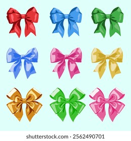 Set of Colorful Decorative Bows in Multiple Styles and Shades. perfect for celebrations, gift packaging, and crafting projects