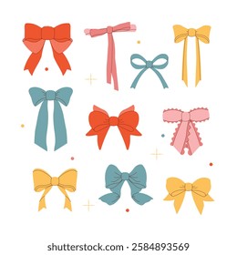 Set of colorful decorative bows in vector style. Ideal for gift wrapping, holiday cards, wedding decor and fashion design. Colorful and stylish decorations.