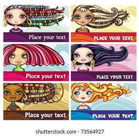 Set of colorful decorative business cards featuring attractive girls with stylish hair styles. Space for your information.