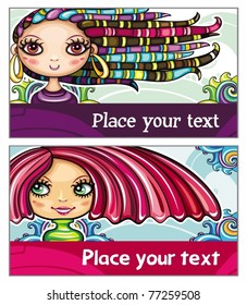 Set of colorful decorative business cards featuring attractive girls with stylish hair styles. Space for your information. #1