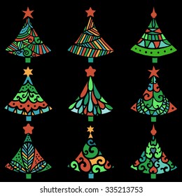 Set of colorful decorative christmas trees