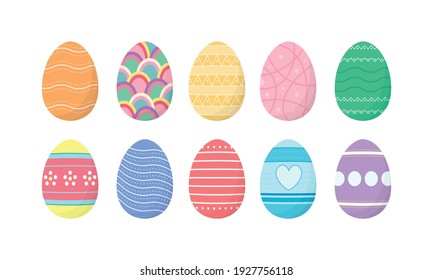 Set of colorful decorative easter eggs on white background.