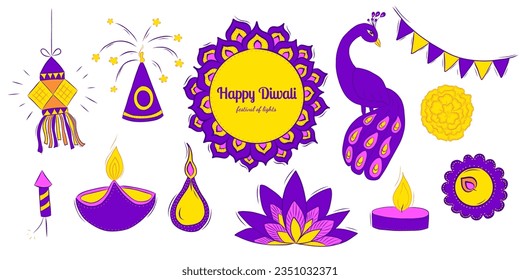 Set bunte Dekorative Elemente für Diwali-Feiertage im Doodle-Stil