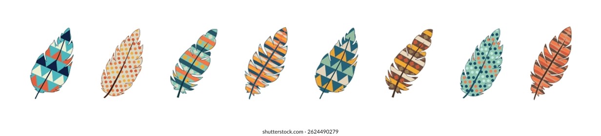 Set of Colorful Decorative Feathers Isolated on White Background. Collection of Artistic Bird Feathers with Geometric and Abstract Patterns. Concept of Boho, Nature Art, Graphic Clipart for Design.
