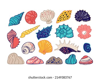 Set of colorful decorative funny seashells isolated on white. Symbols of the seas and oceans for the decoration of children's rooms, parties, holidays in a nautical style. Cartoon vector illustration