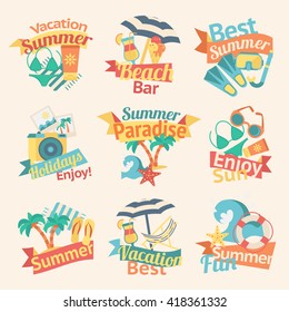 Set of colorful decorative labels with different accessories of summer vacation relaxing on hte beach vector illustration