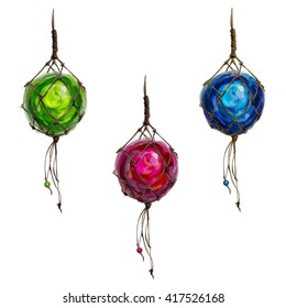 Set of colorful decorative lantern balls (artistic imitation of glass) hanging in the net. Vector illustration.