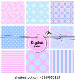 bunte Dekorationspapiere, nahtlose Muster, Blumen, Punkte, Streifen, Armbanduhren, zur Feierfeier