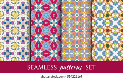 Set of colorful decorative seamless patterns. Abstract geometric ornaments. Repeating graphic texture, seamless backgrounds collection, design for fabric or paper print. Tribal ethnic motifs