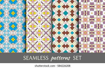 Set of colorful decorative seamless patterns. Abstract geometric ornaments. Repeating graphic texture, seamless backgrounds collection, design for fabric or paper print. Tribal ethnic motifs
