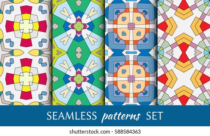 Set of colorful decorative seamless patterns. Abstract geometric ornaments. Repeating graphic texture, seamless backgrounds collection, design for fabric or paper print. Tribal ethnic motifs