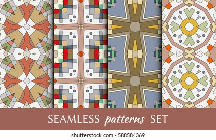Set of colorful decorative seamless patterns. Abstract geometric ornaments. Repeating graphic texture, seamless backgrounds collection, design for fabric or paper print. Tribal ethnic motifs