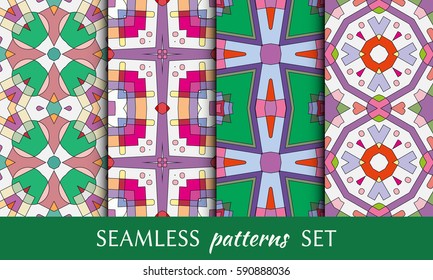 Set of colorful decorative seamless patterns. Abstract geometric ornaments. Repeating graphic texture, seamless backgrounds collection, design for fabric or paper print. Tribal ethnic motifs