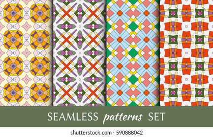 Set of colorful decorative seamless patterns. Abstract geometric ornaments. Repeating graphic texture, seamless backgrounds collection, design for fabric or paper print. Tribal ethnic motifs