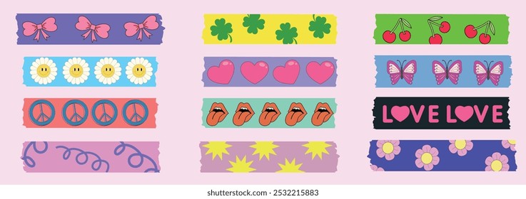 Set of colorful decorative tape strips with various playful designs like bows, flowers, hearts, and peace symbol. Colourful scrapbook stripes, sticky label tags and decorative scotch strip.