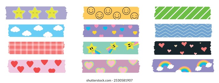 Conjunto de fitas washi decorativas coloridas com padrões bonitos, incluindo estrelas, nuvens, corações, listras e arco-íris. Listras coloridas de scrapbook, etiquetas adesivas e tira de uísque decorativa.