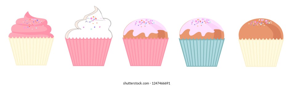 set of colorful delicious cupcakes, cakes, desserts. Cupcake icons, flat style. Vector. elements for new year, holiday cards, birthday cards