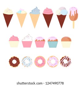 set of colorful delicious cupcakes, cakes, desserts, ice cream and donuts. Cupcake icons, flat style. Vector. elements for new year, holiday cards, birthday cards