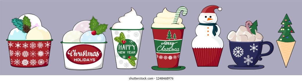 set of colorful delicious cupcakes, cakes, desserts, ice cream and donuts. Cupcake icons, flat style. Vector. elements for new year, holiday cards, birthday cards