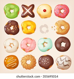 Set of colorful delicious doughnuts of different kinds in a box