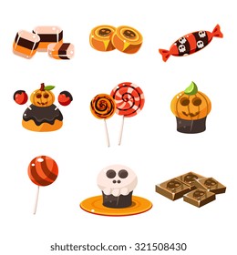 Set of colorful and delicious traditional Halloween cupcakes and lollipops Vector Illustration