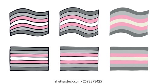 Set of colorful Demigirl pride flag Happy pride day LGBTQIA community Pride Month Vector hand drawn doodle for posters, stickers, logo, cards