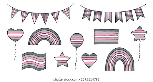 Set of colorful Demigirl pride flag Happy pride day LGBTQIA community Pride Month Vector hand drawn doodle for posters, stickers, logo, cards