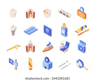 Set of colorful dentistry icons. Bright signs with teeth, toothpaste, dental chair, caries, implant and medicines. Website design. Cartoon isometric vector collection isolated on white background