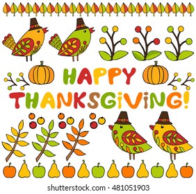 Set of colorful design elements for autumn, fall and Thanksgiving. Isolated on white, Happy Thanksgiving typographic message.