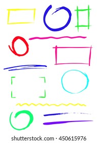set of colorful design elements, free hand drawn, brush strokes, lines.