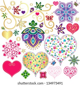 Set colorful design elements with hearts for scrapbooking isolated on white  (vector)