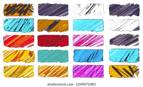 Set of colorful design elements with rectangular shapes with diagonal brush strokes in grunge style. Irregular shapes and rough edges. Vector clipart for t-shirt or website.