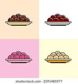 A set of colorful dessert ball illustrations on different background colors. Perfect for food-related designs, restaurant menus, and confectionery branding. Simple and minimal flat vector style.