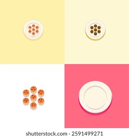 A set of colorful dessert ball illustrations on different background colors. Perfect for food-related designs, restaurant menus, and confectionery branding. Simple and minimal flat vector style.