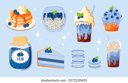 Set of colorful desserts with blueberry. Pancake, chia pudding, coffee, cake, jam, macarons coctail Vector illustration