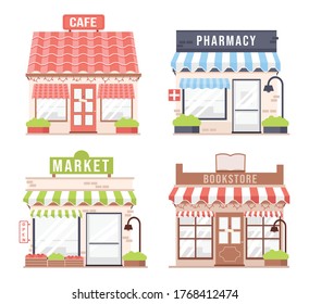 Set of colorful detailed cartoon city shops and stores building. Cafe, Pharmacy, Market, Bookstore. Modern, cute flat vector illustration, stores facades isolated on white background.