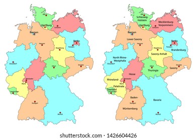 Set of colorful detailed maps of Germany with names of federal states and their capitals on white background