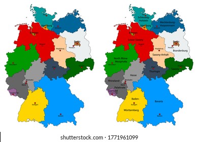 Set of colorful detailed maps of Germany with individual Federal States and their names and capitals isolated on a white background. EPS10 vector file