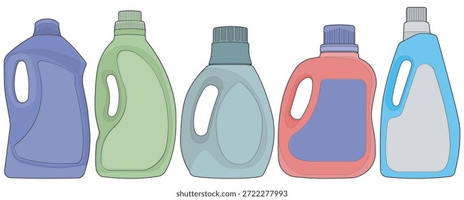 Conjunto de botellas de detergente de colores con diferentes Formas y áreas de etiquetas, aisladas sobre fondo blanco. Adecuado para conceptos de productos de limpieza para el hogar, maquetas de diseño de empaques, presentaciones de marcas, anuncios e ilustraciones de productos.