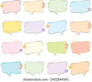 set of colorful dialog box drawn by hand.Line simple balloon frame for text title.Speech cloud chat bubble.Collection set of hand drawing frame border.Flat flower speak blank.Elegant style chat frame 