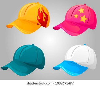 Set of colorful and different baseball cap. Variety of design and styles, multicolor design of youth accessory. Vector illustration