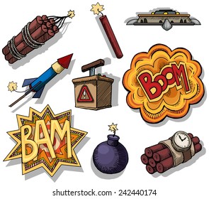 set of colorful different bombs, explosions, isolated on white, vector illustration