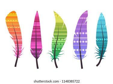 Set of colorful different feathers with ethnic pattern. Vector native elements for your design.