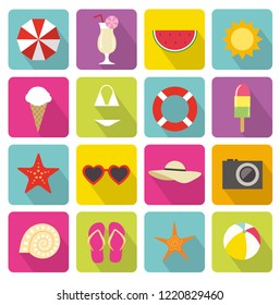 Set of colorful different flat summer vector icons. Contains such Icons as coctail, icecream, seastar, watermelon and more