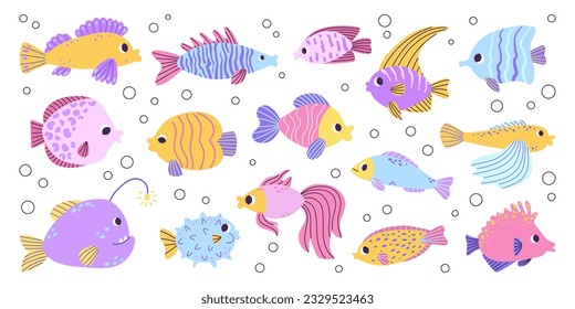 Set colorful different ocean fish with bubbles. Flying fish, angelfish, angler, puffer. Stylish modern design. Flat hand drawn colorful vector illustration isolated on white background.