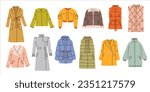 Set colorful different outerwear in flat style isolated on white background. Female clothes. Raincoat, down jacket, jacket, sheepskin coat, quilted vest, trench coat, bomber jacket with pockets. 