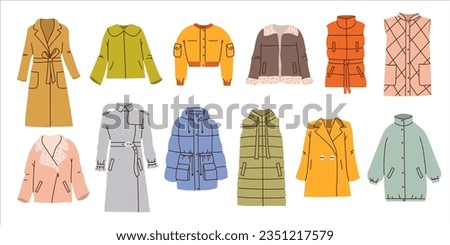 Set colorful different outerwear in flat style isolated on white background. Female clothes. Raincoat, down jacket, jacket, sheepskin coat, quilted vest, trench coat, bomber jacket with pockets.  Сток-фото © 